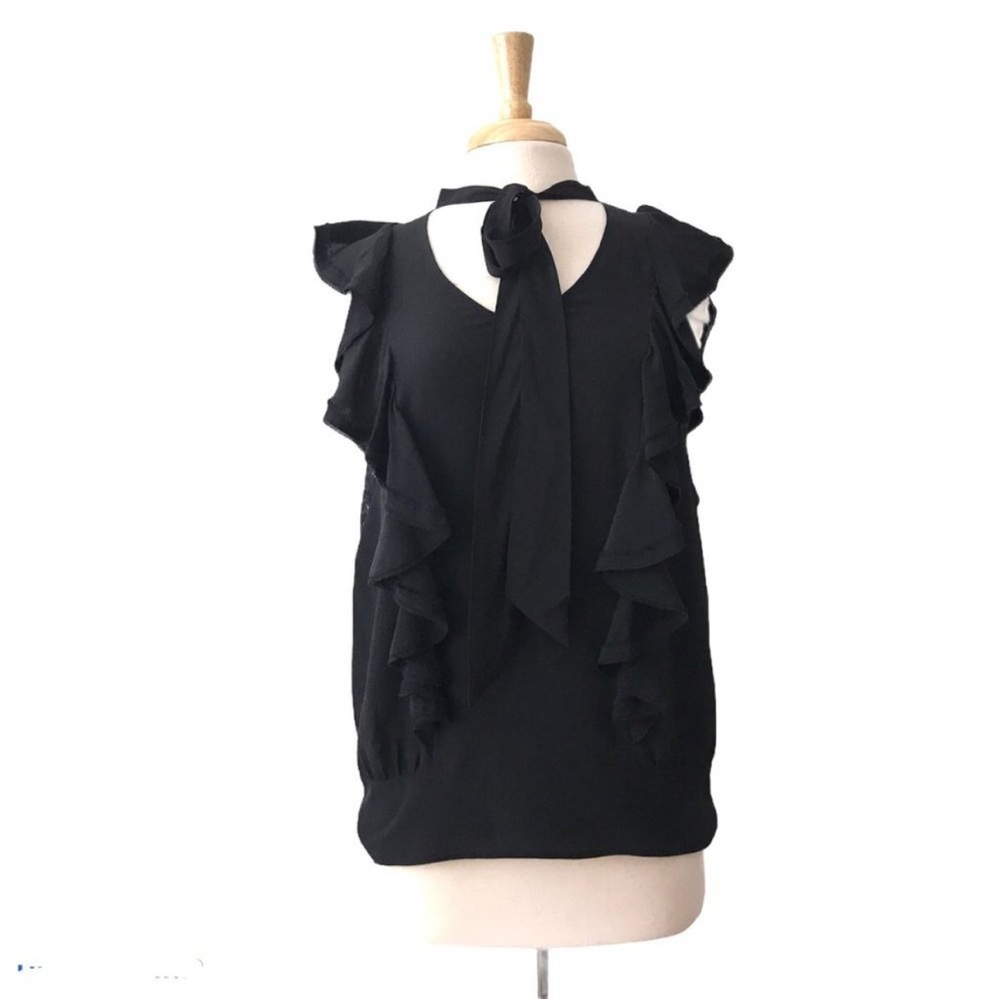 Rebecca Taylor Black Ruffle Scarf Tie 100% Silk Top Size 4